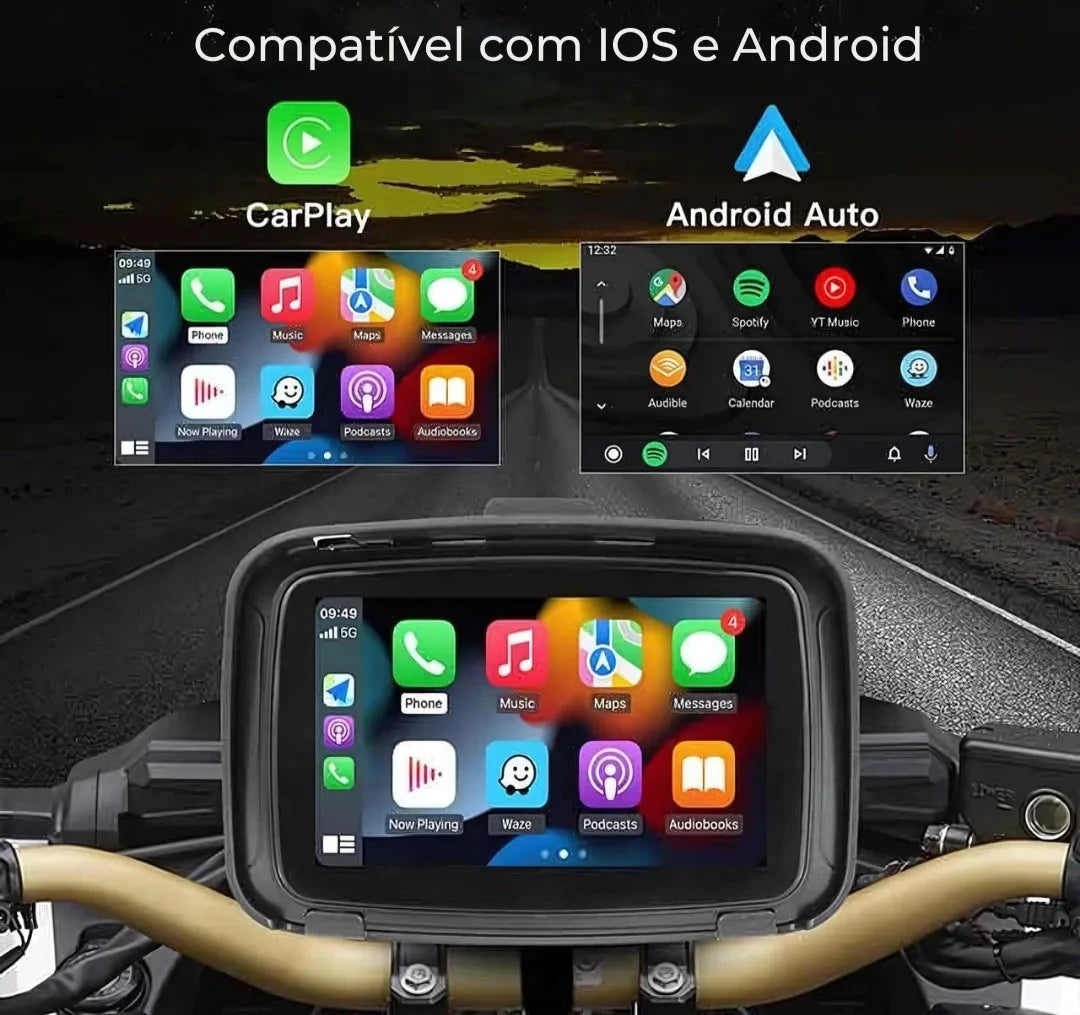 Multimídia para Moto com Display Waterproof - CarPlay e Android Auto